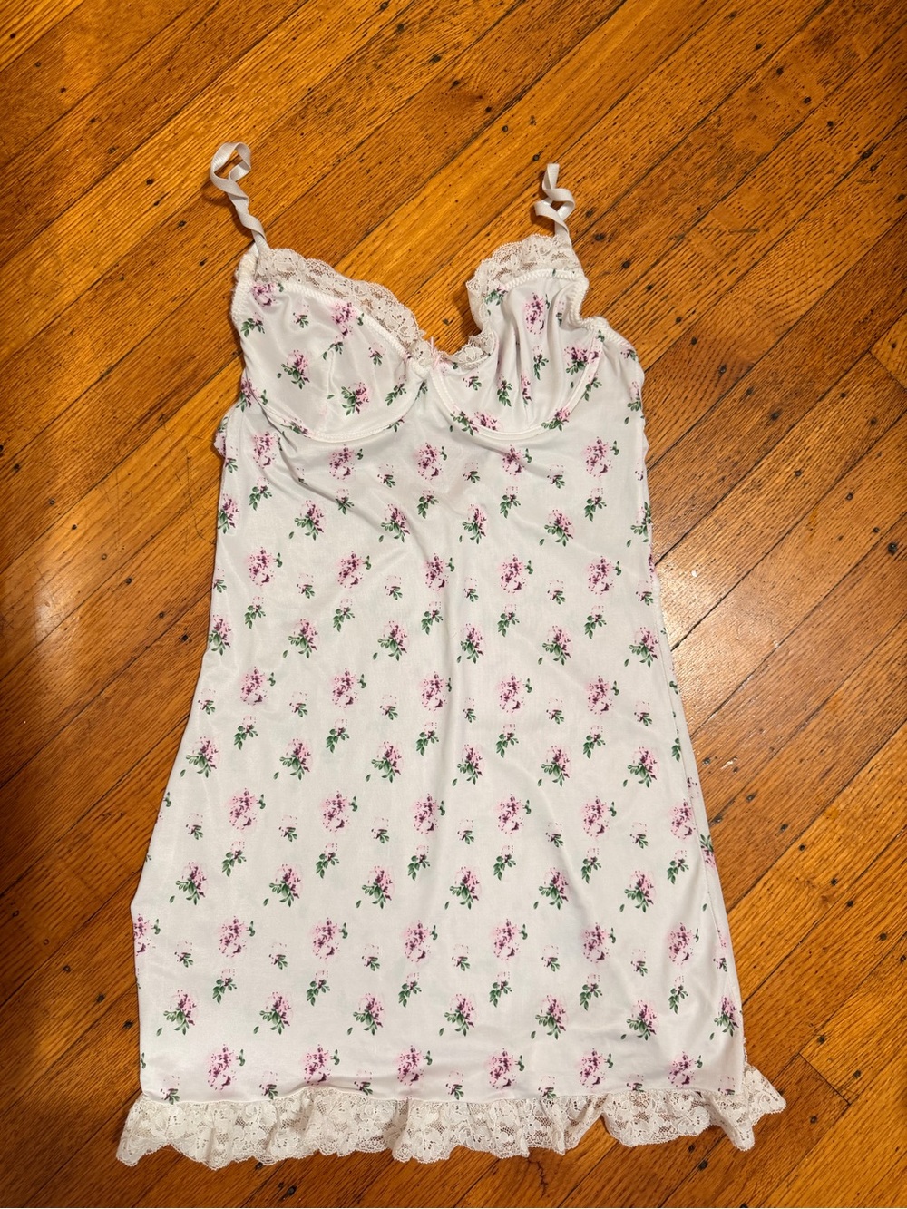Floral Lace-Trim Chemise Slip - White with Pink Floral